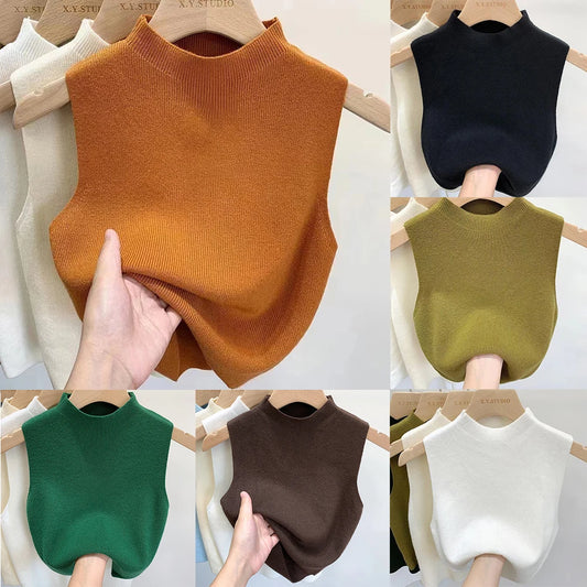 Women’s Knitted Sleeveless Tank Top – Solid Color, Cropped, Half-Turtleneck