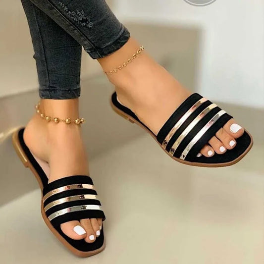 Women's Summer Slip-On Sandals – Metal Striped Flats, Casual Outdoor Slides, Sizes up to 43