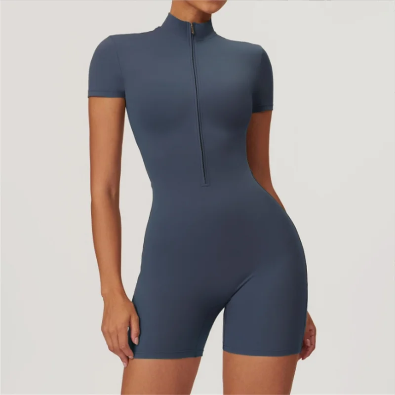 Nude One-Piece Yoga Jumpsuit — Half-Zip, Short Sleeve, Tight Fit