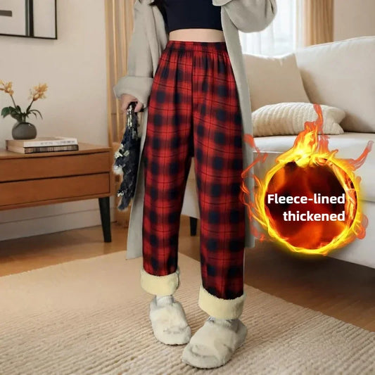 Women’s Winter Plaid Wide-Leg Pants – High-Waist & Fleece-Lined