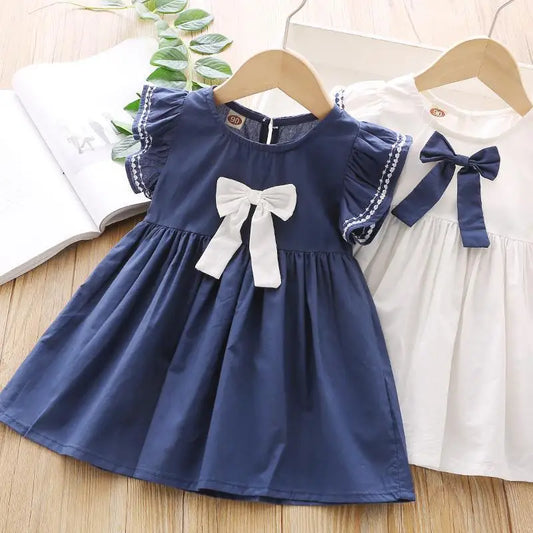 Girls’ Flying Sleeve Cotton Princess Dress with Big Bow
