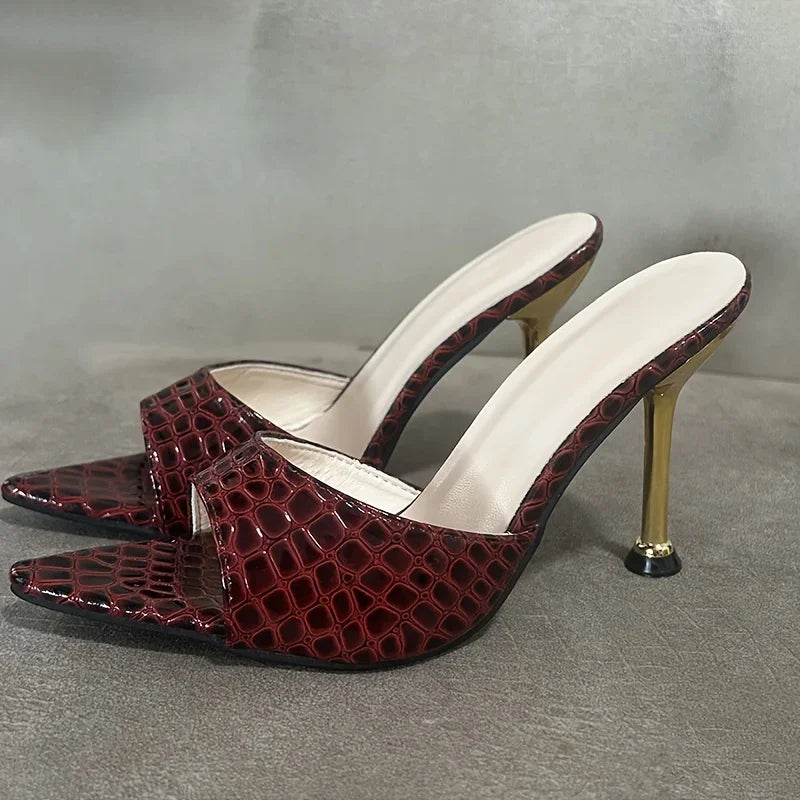 Glam Crocodile-Texture Stiletto Sandals – Chic Slip-On High Heels with Pointed Peep Toe for Parties & Banquets