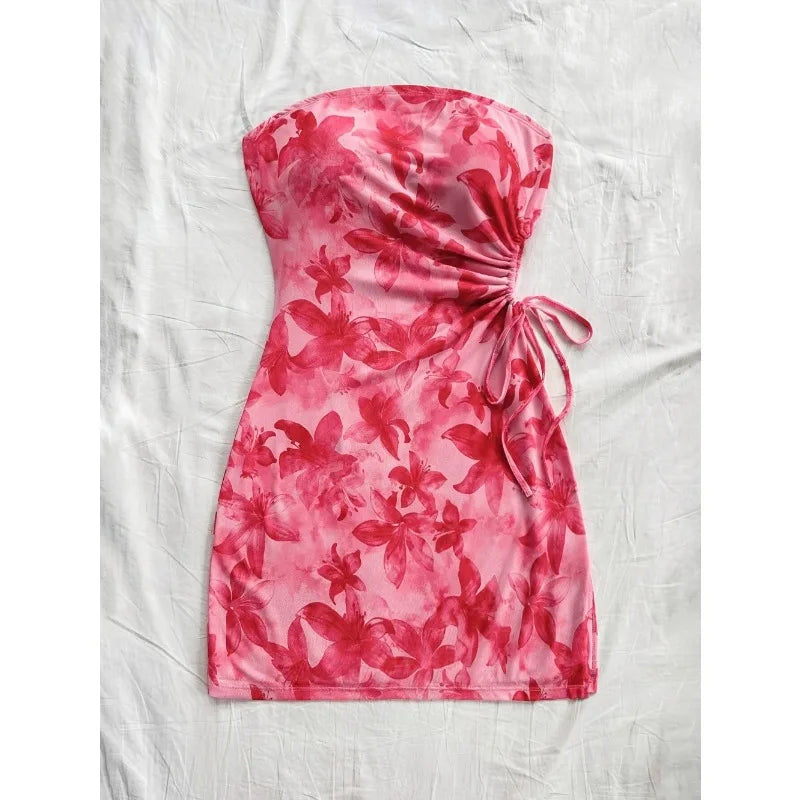 Floral Strapless Mini Dress – Ruched Backless Bodycon Party Dress