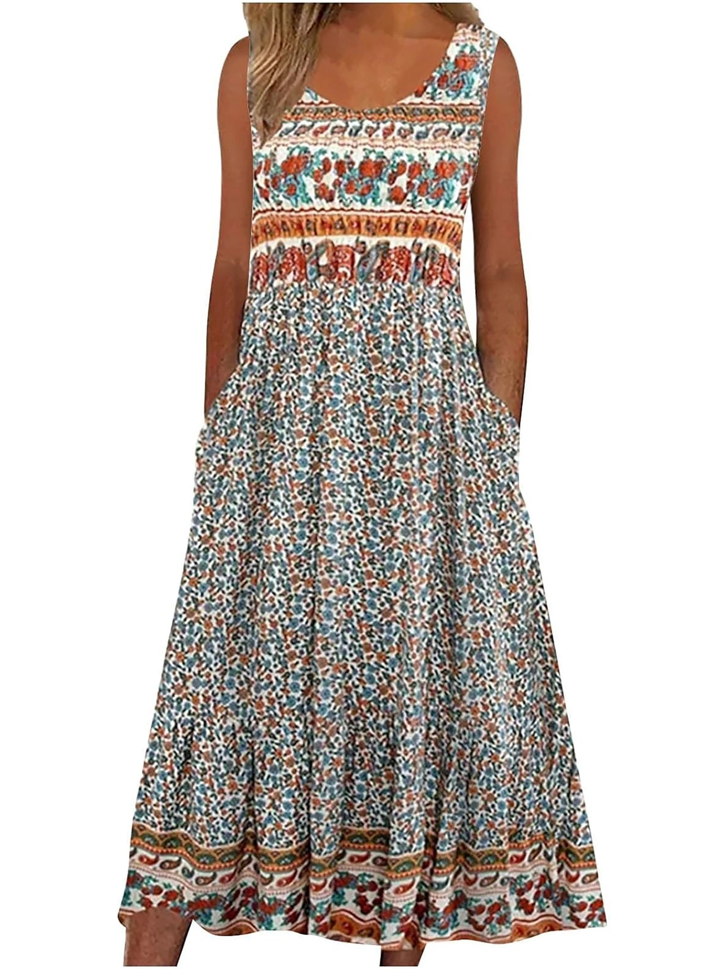 2025 Summer Women's Boho Floral Sleeveless Midi Sundress