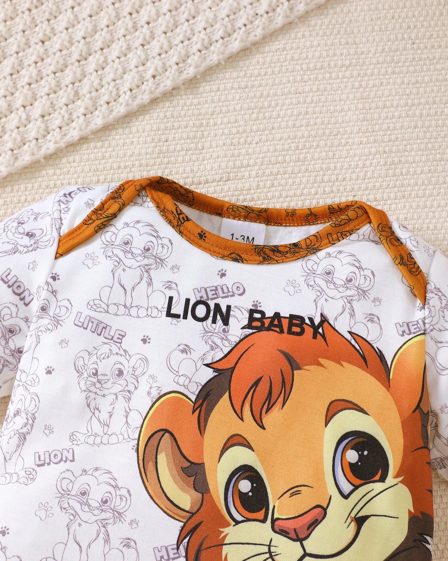 Cartoon Lion Print Top, Pants & Hat. Stylish Summer Outfit for Newborns.