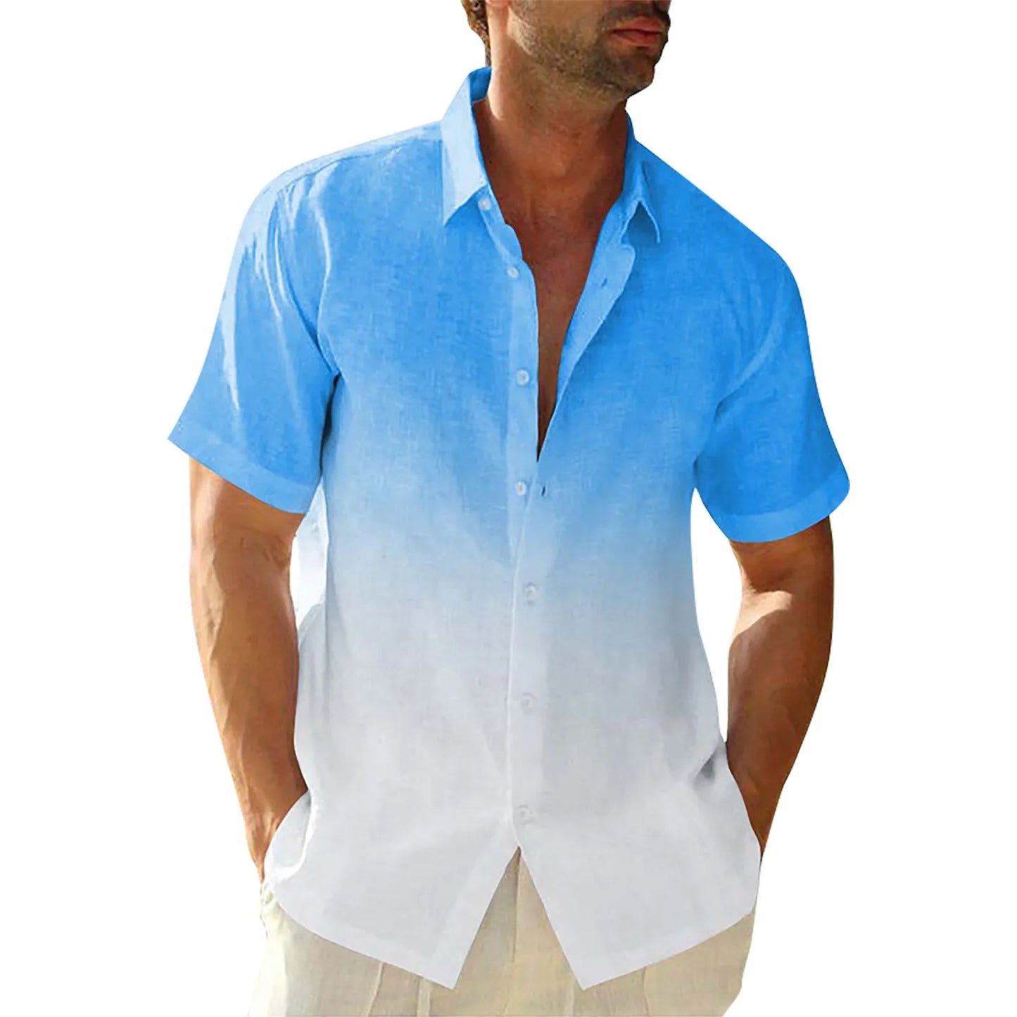 Men's Gradient Cotton Linen Button-Up Shirt — Casual Streetwear Cardigan