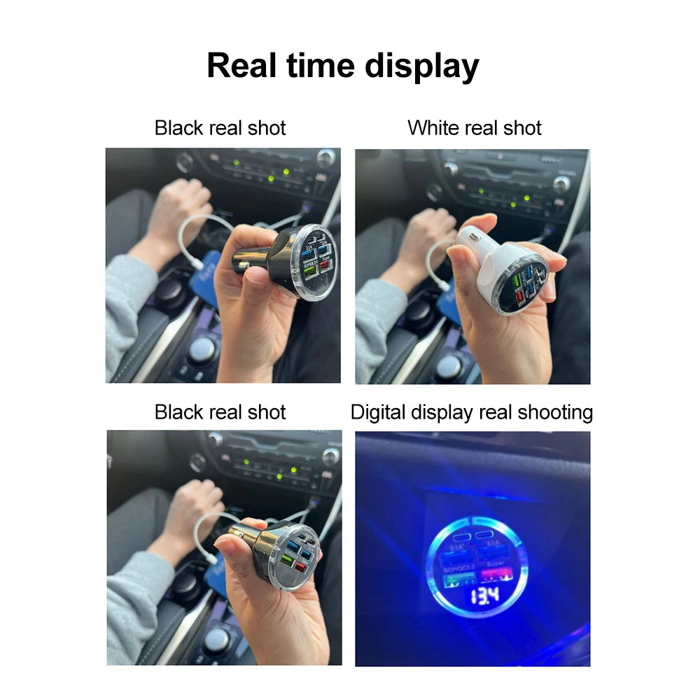 66-250W PD Car Charger QC3.0 Fast Charging Cigarette Lighter Splitter with Digital Display, 1-to-6 Multi Port Adapter