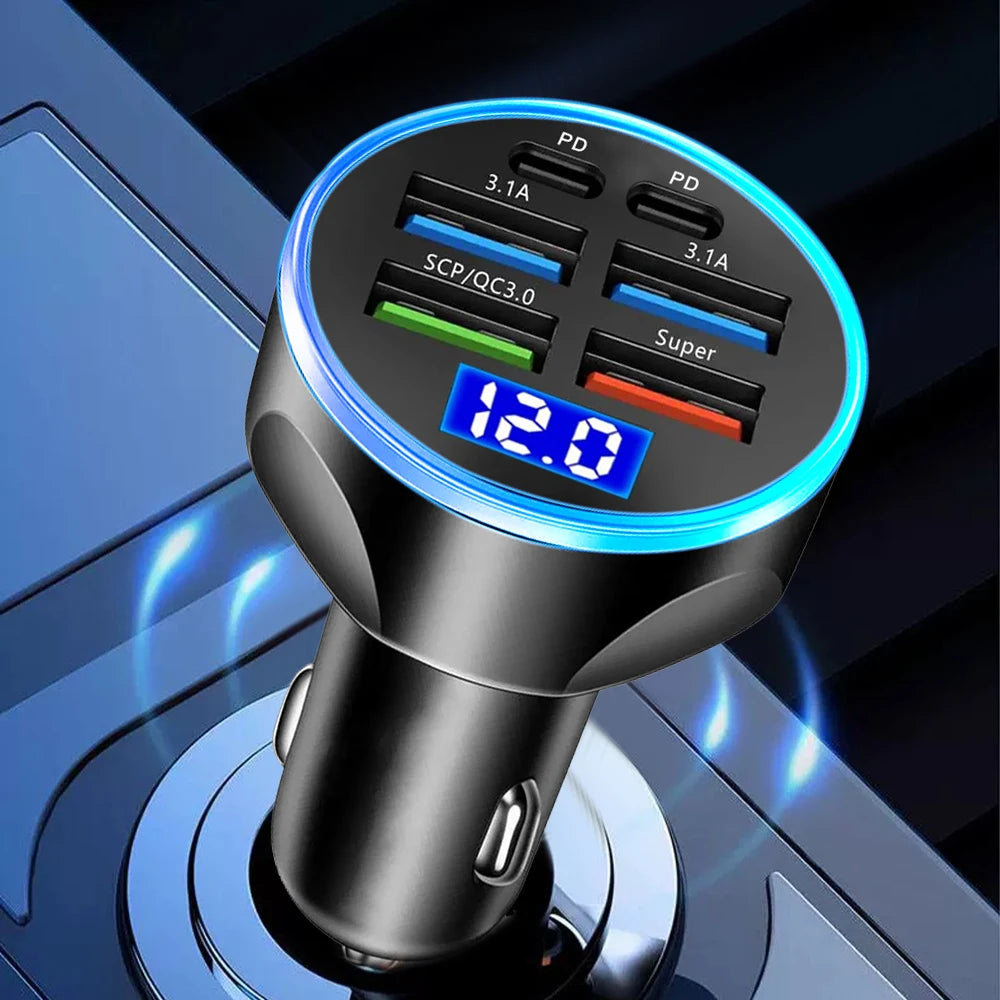 66-250W PD Car Charger QC3.0 Fast Charging Cigarette Lighter Splitter with Digital Display, 1-to-6 Multi Port Adapter