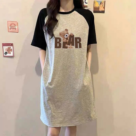 Maternity Bear Print Dress – Casual Round Neck Summer Dress