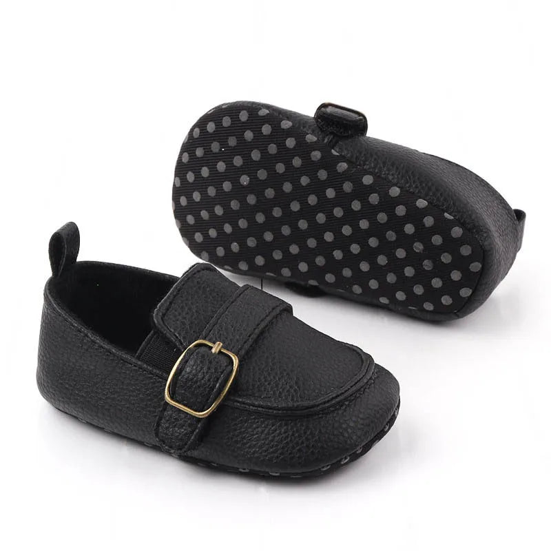 Fashion Infant Crib Shoes — PU Leather Loafers for Baby Boys, Anti-Slip Soft Sole, Black