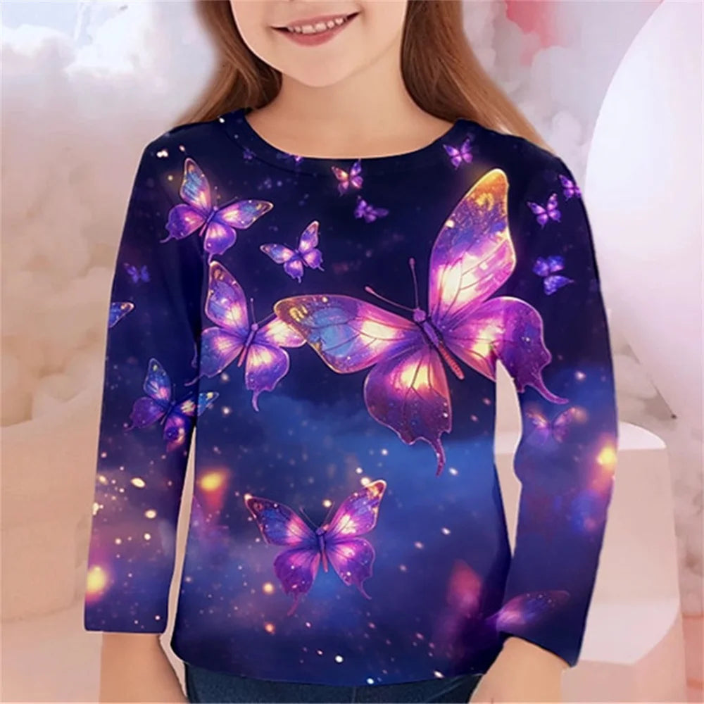 Girls' 3D Butterfly Print Long-Sleeve T-Shirt – Casual Spring/Fall Kids' Top