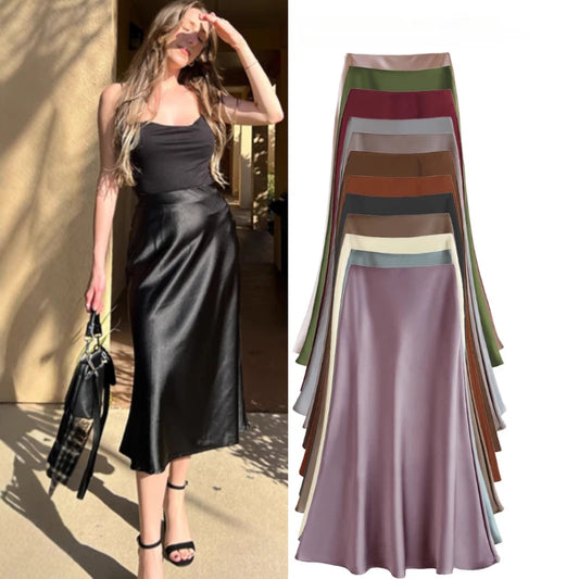 Summer Satin High Waist Fishtail A-Line Skirt for Women