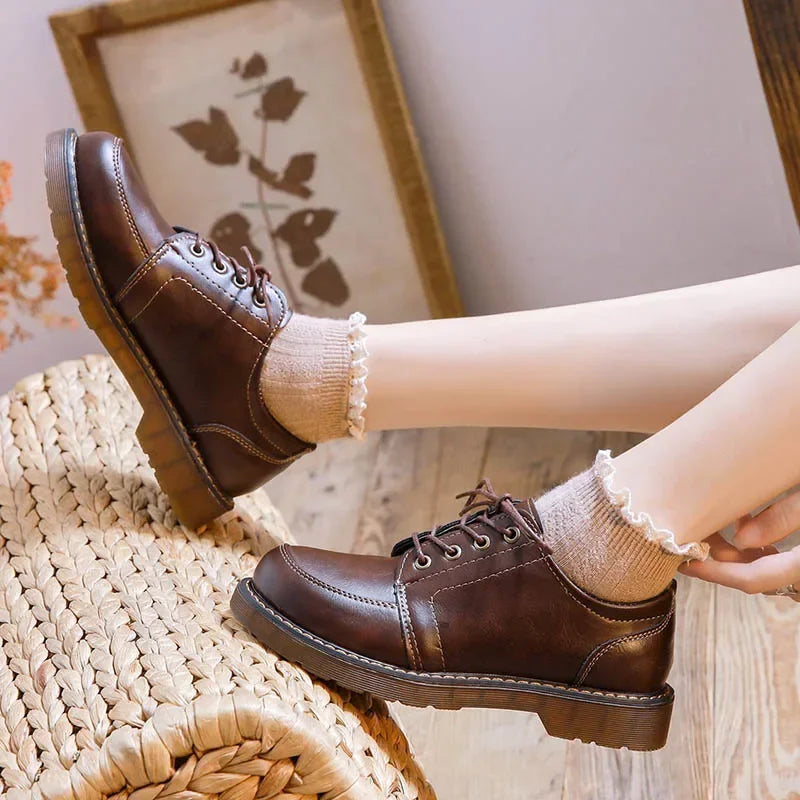 Women's Oxfords Shoes 35-40 Retro Round Toe PU Leather Comfortable Casual Lolita Style Footwear