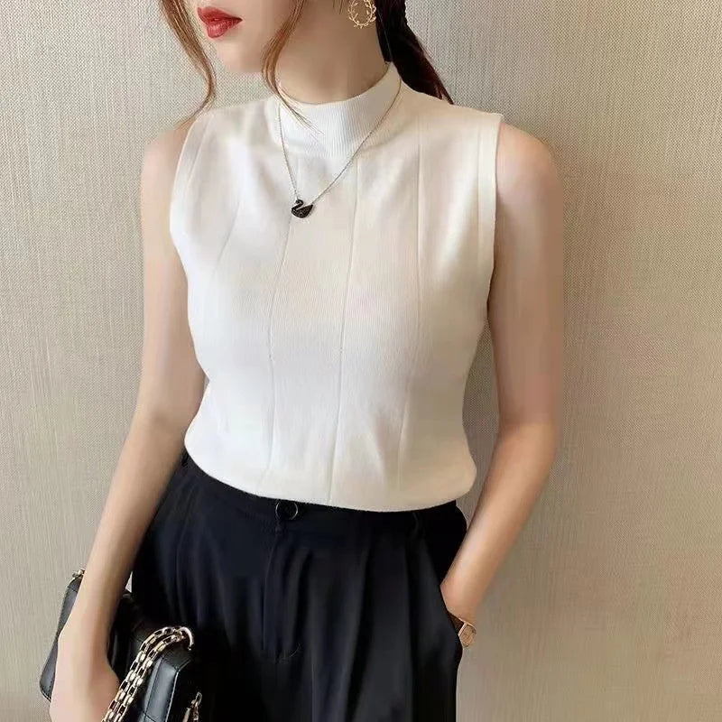 Turtle Neck Solid Korean Fashion Sleeveless -Elastic Casual Women's Top
