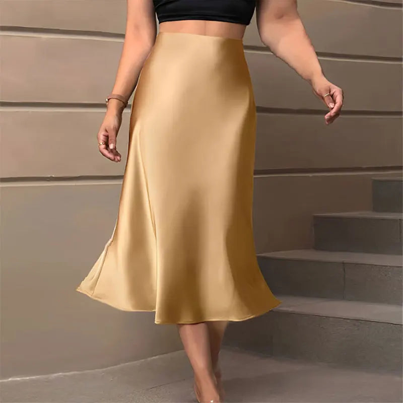 Women’s Satin A-Line Skirt – Korean Style High Waist Elegant Skirt