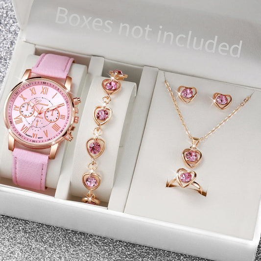5/6PCS Women’s Quartz Watch Set – Leather Band & Rhinestone