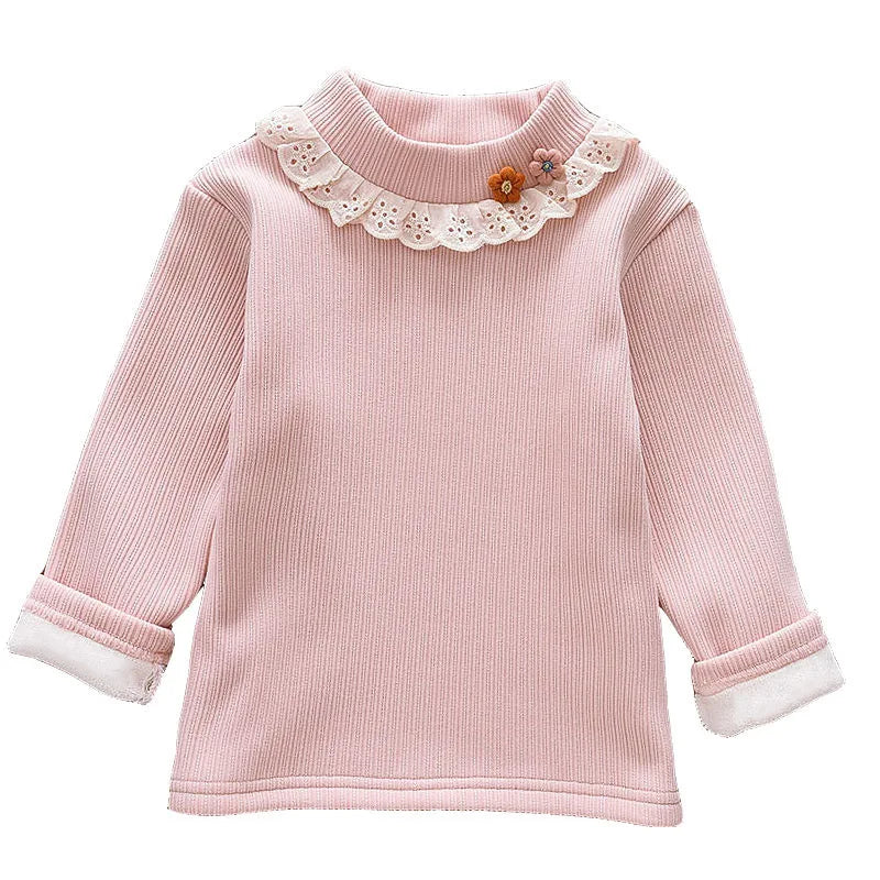 Kids Winter T-Shirts - Fleece Lined Half Neck Top with Lace Trim, Thermal Knit Jacquard Base Layer for Toddlers