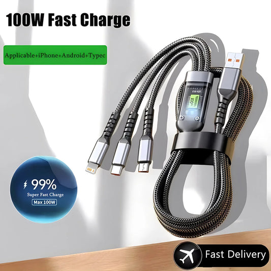 100W 3-in-1 Fast Charging Cable – Nylon Braided Multi USB Cord with Type-C & Micro Adapter