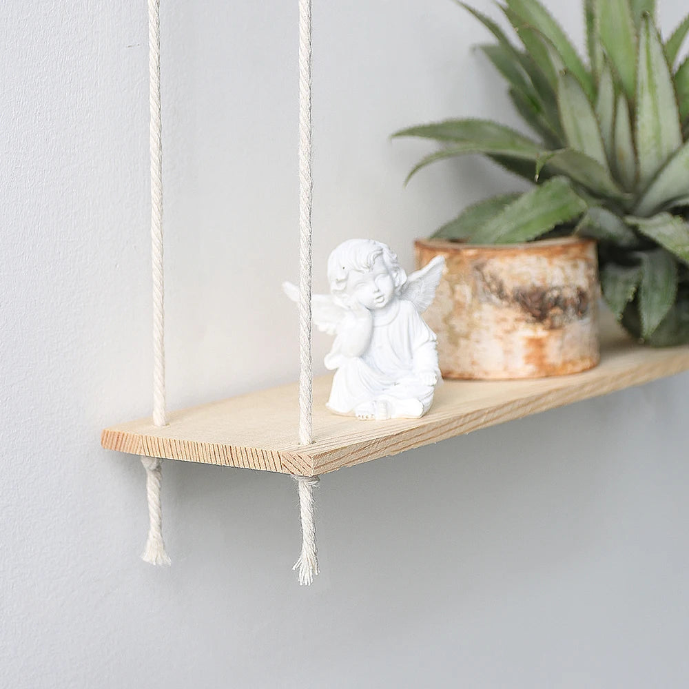 Wooden Macrame Wall Shelf – Boho Floating Display for Home, Living Room, Nursery Décor