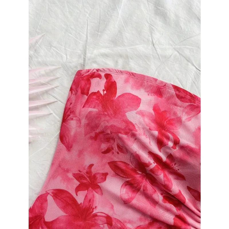 Floral Strapless Mini Dress – Ruched Backless Bodycon Party Dress