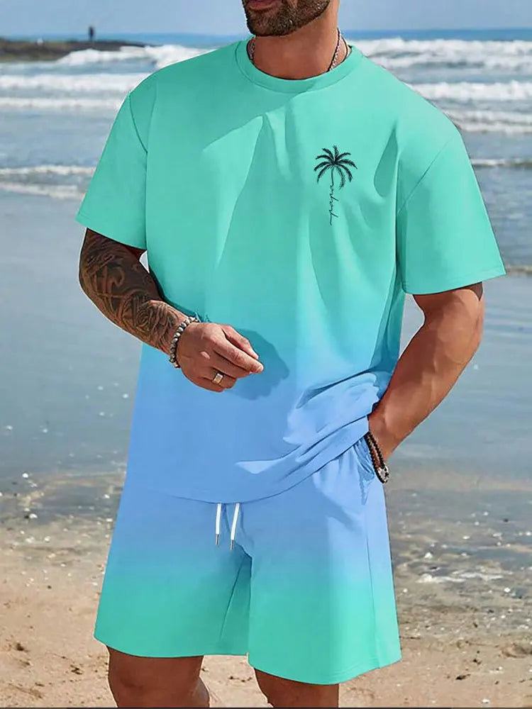 Men's 3D Palm Print Hawaiian Set – Summer Casual T-Shirt & Beach Shorts for Everyday, Vacation, Outdoor Wear