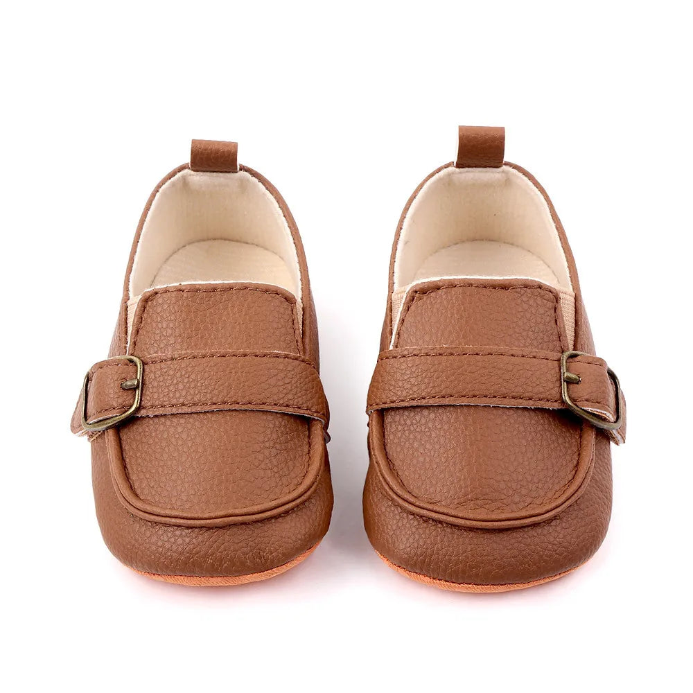 Fashion Infant Crib Shoes — PU Leather Loafers for Baby Boys, Anti-Slip Soft Sole, Black