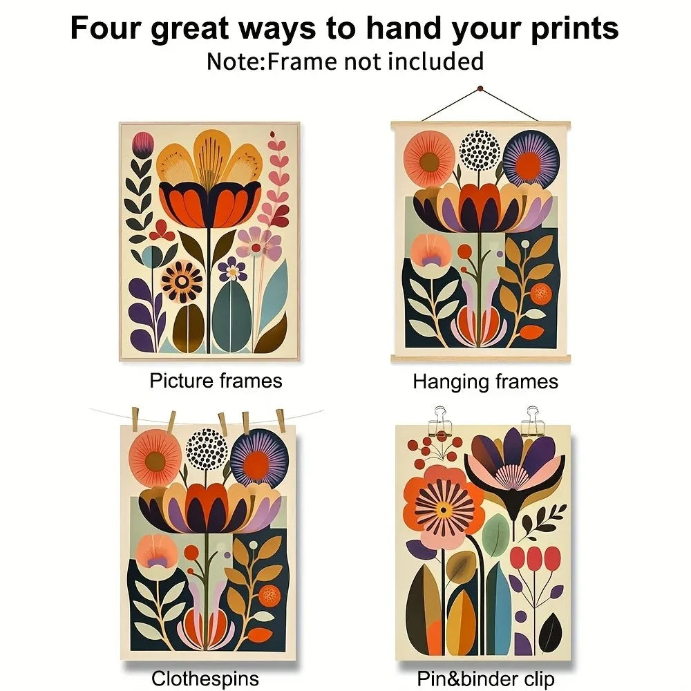 3pcs Scandinavian Folk Art Floral Canvas Prints — Boho Nordic Wall Art for Modern Living Rooms