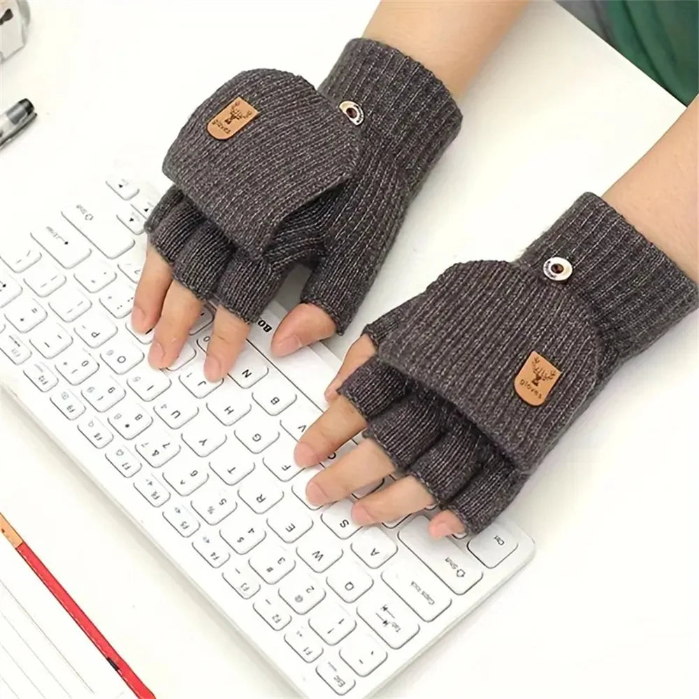 Winter Knitted Flip-Top Gloves – Warm, Windproof, Half-Finger Design for Men & Women