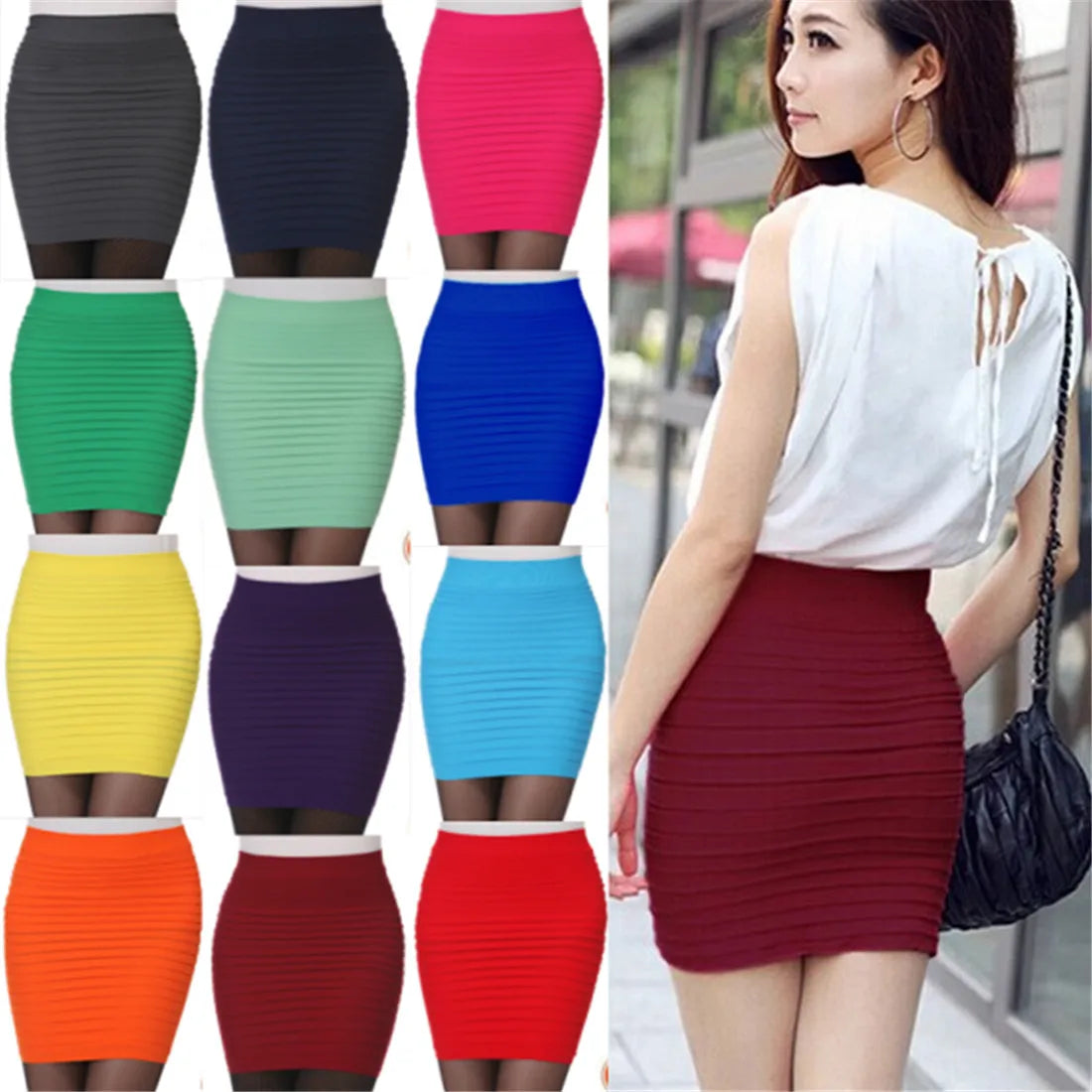 Summer Women High Waist Skirt – Solid Color Elastic Pleated Mini Skirt, Slim Draped Office Lady Pencil Skirt