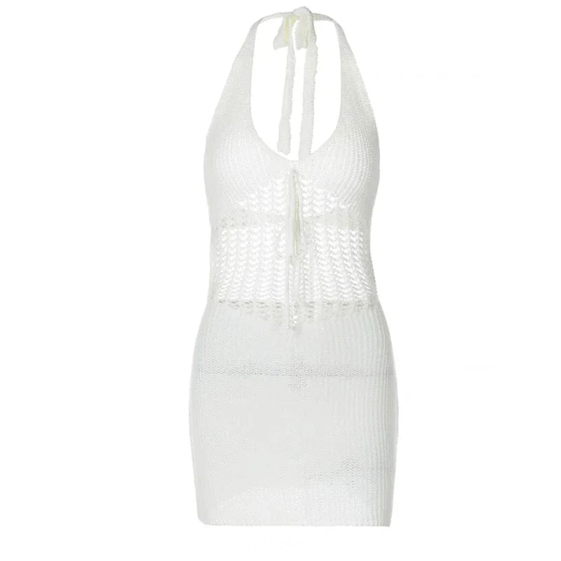 Sexy Backless Knit Beach Dress – V-Neck Halter Mini
