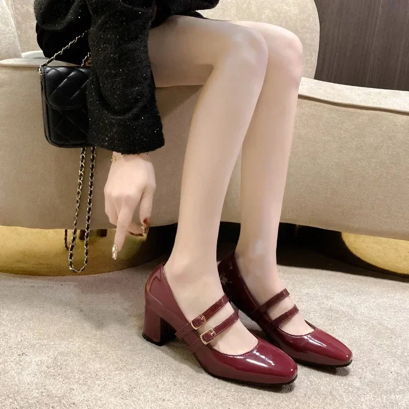2025 Women’s Double Buckle Leather Shoes – Square Toe, Square Heel, Solid Color, Spring/Autumn