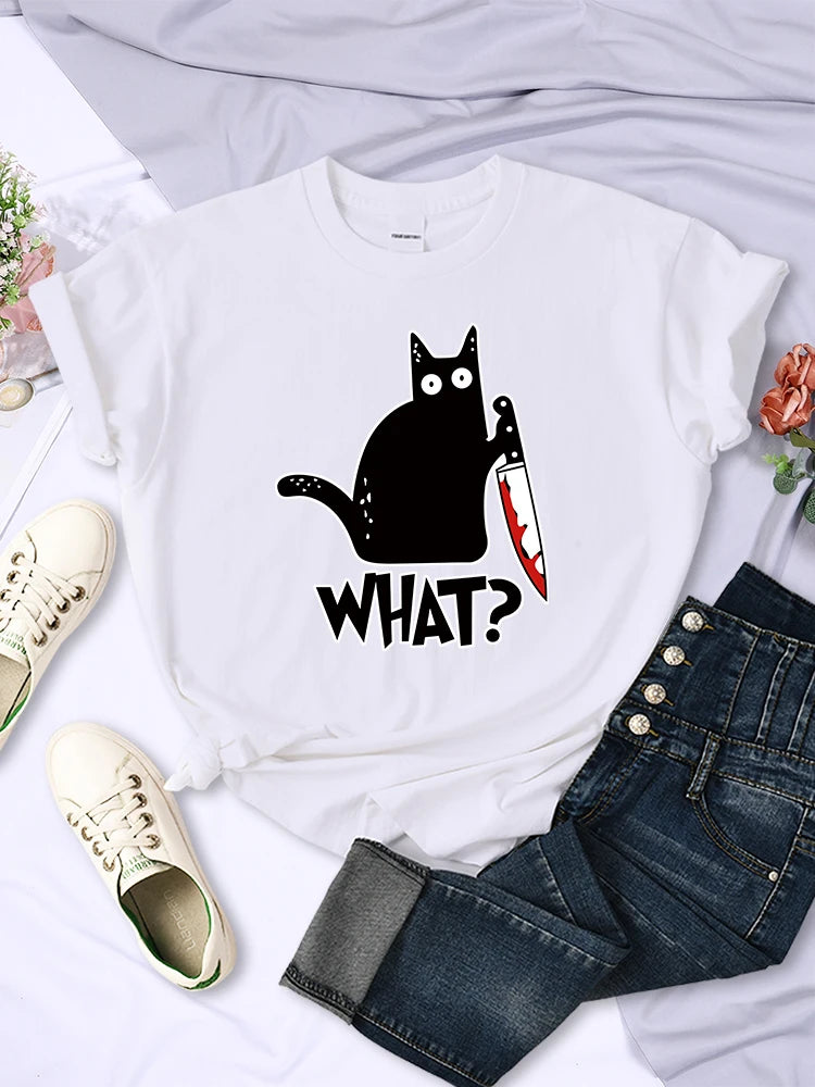 Black Cat Knife Tee – Women’s Short Sleeve Summer Streetwear