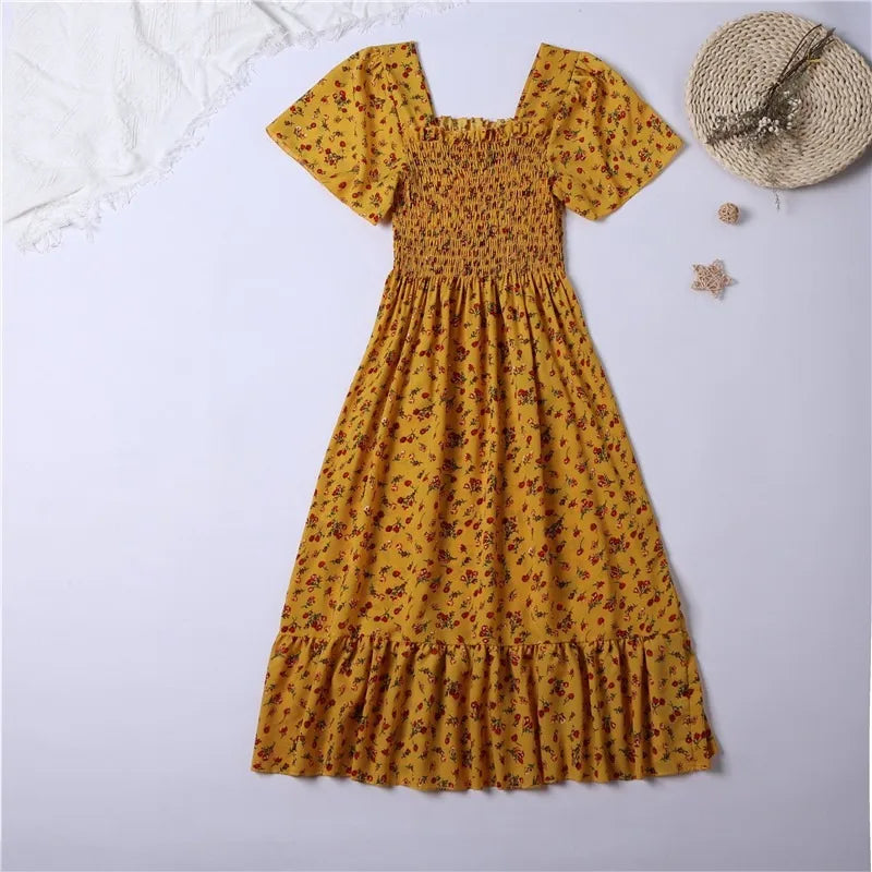 Elegant Korean Summer Floral Dress Style- with Square Neckline, Ruffle Details & Elastic Waist