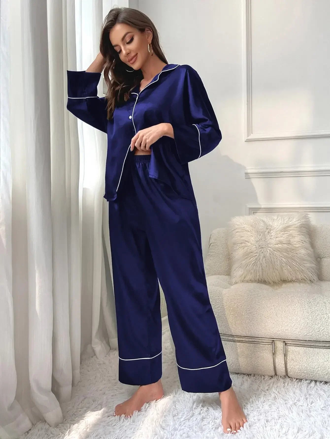Women’s Satin Pajama Set – Long Sleeve Top & Pants