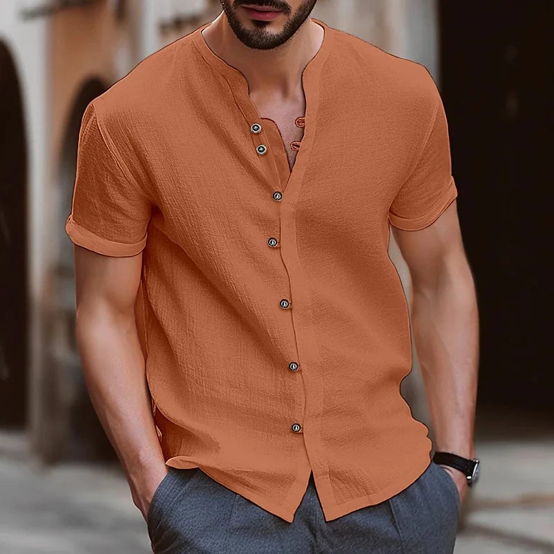 Men's Collarless Polo Shirt — Casual Beach Style Short Sleeve Top