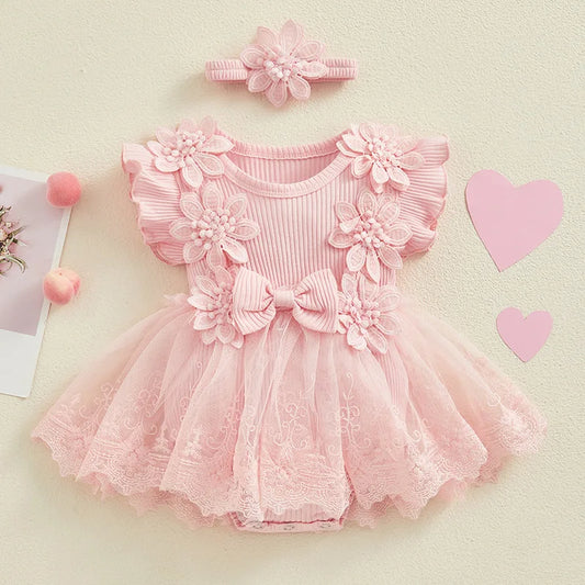 Baby Girl Lace Dress— Tulle Dress Bodysuit with Headband, Spring/Summer Outfit