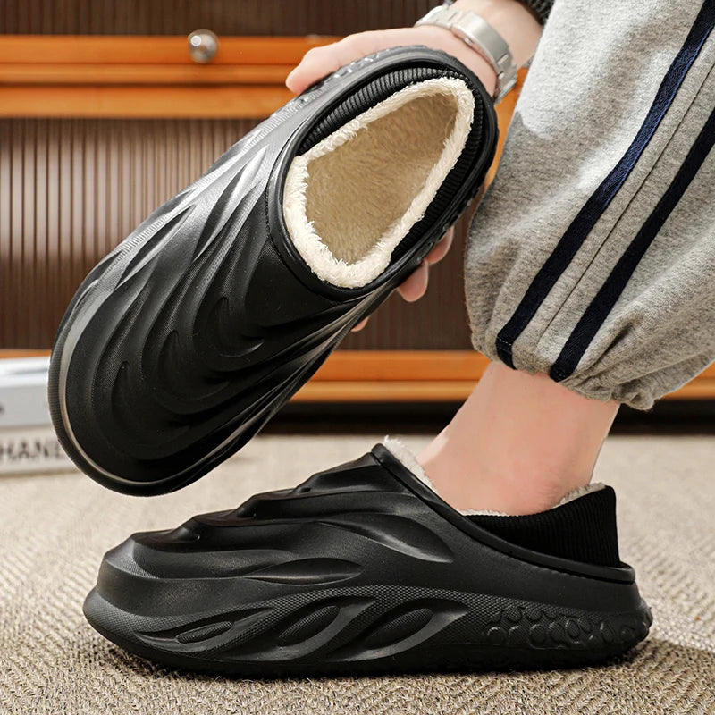 Warm Men’s Home Slippers – Velvet Heel, Non-Slip, Durable & Waterproof for Couples