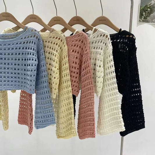 Women’s Long Sleeve Crochet Knit Top – Boho Beach Cover-Up