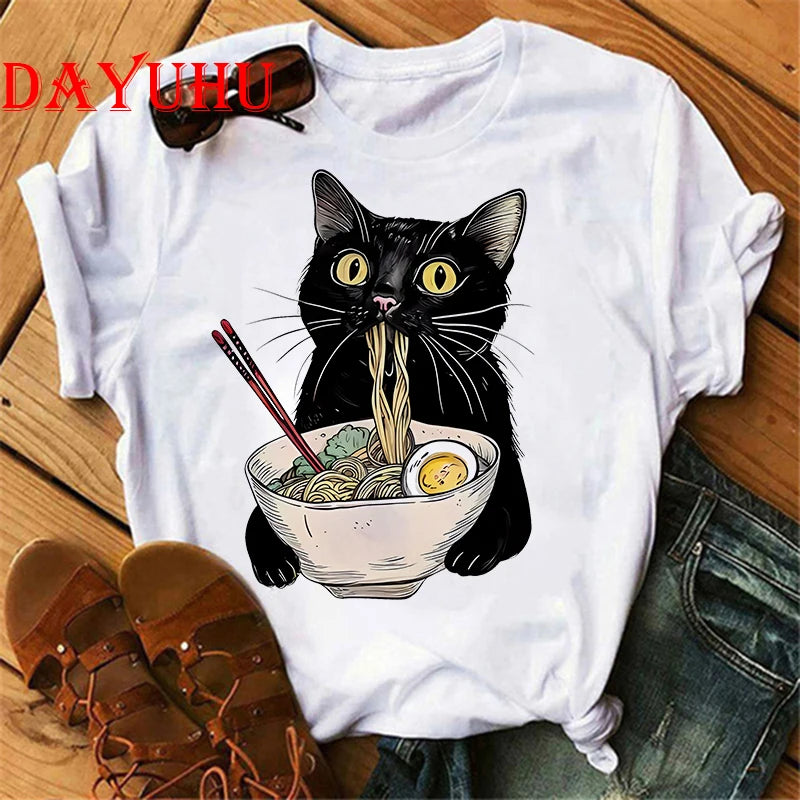 Women's Retro Black Cat Noodle Ramen T-Shirt – Foodie Casual Short Sleeve Tee