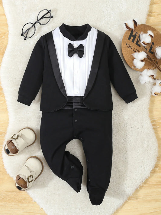 Autumn Baby Boy Cotton Footed Romper – Formal Gentleman Jumpsuit 0–12M