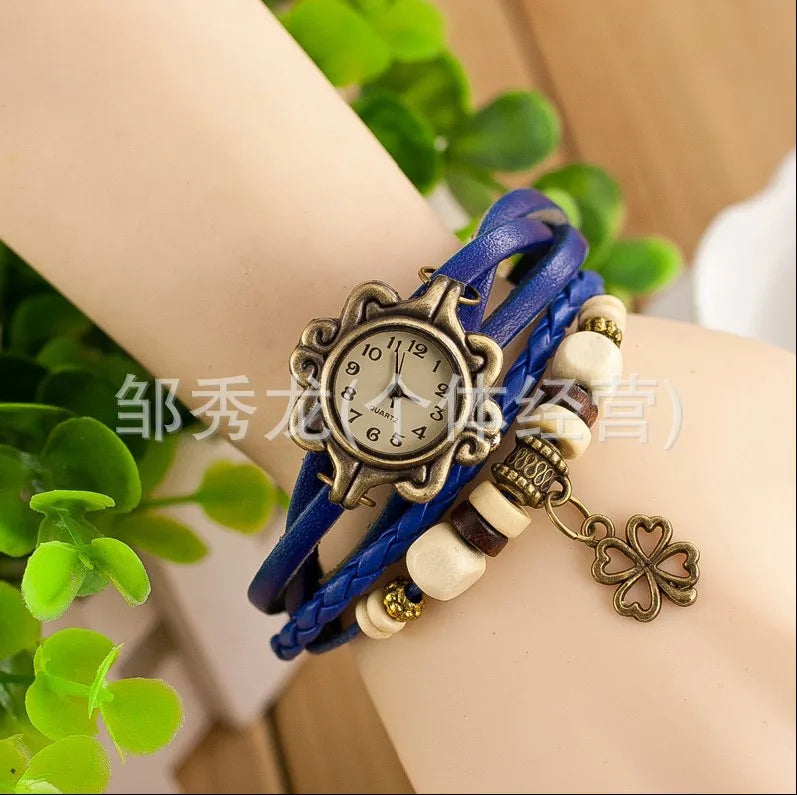 Vintage Leather Bracelet Watch – Butterfly & Clover Pendant