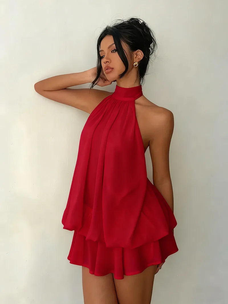Women’s Y2K Halter Neck Backless Tie-Front Chiffon Mini Dress
