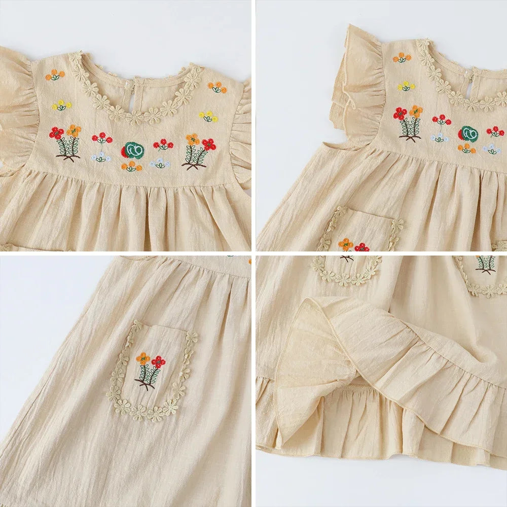 Girls’ Summer Khaki Embroidered Ruffle Edge Dress Sleeveless with Pocket