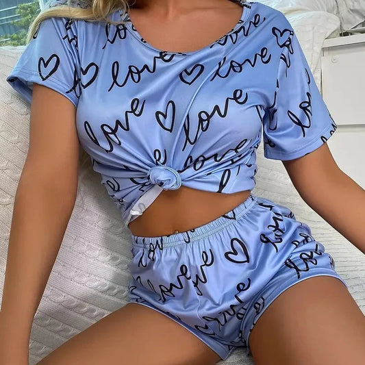 Women’s Pajama Set – Short Sleeve Top & Shorts with Cartoon Print