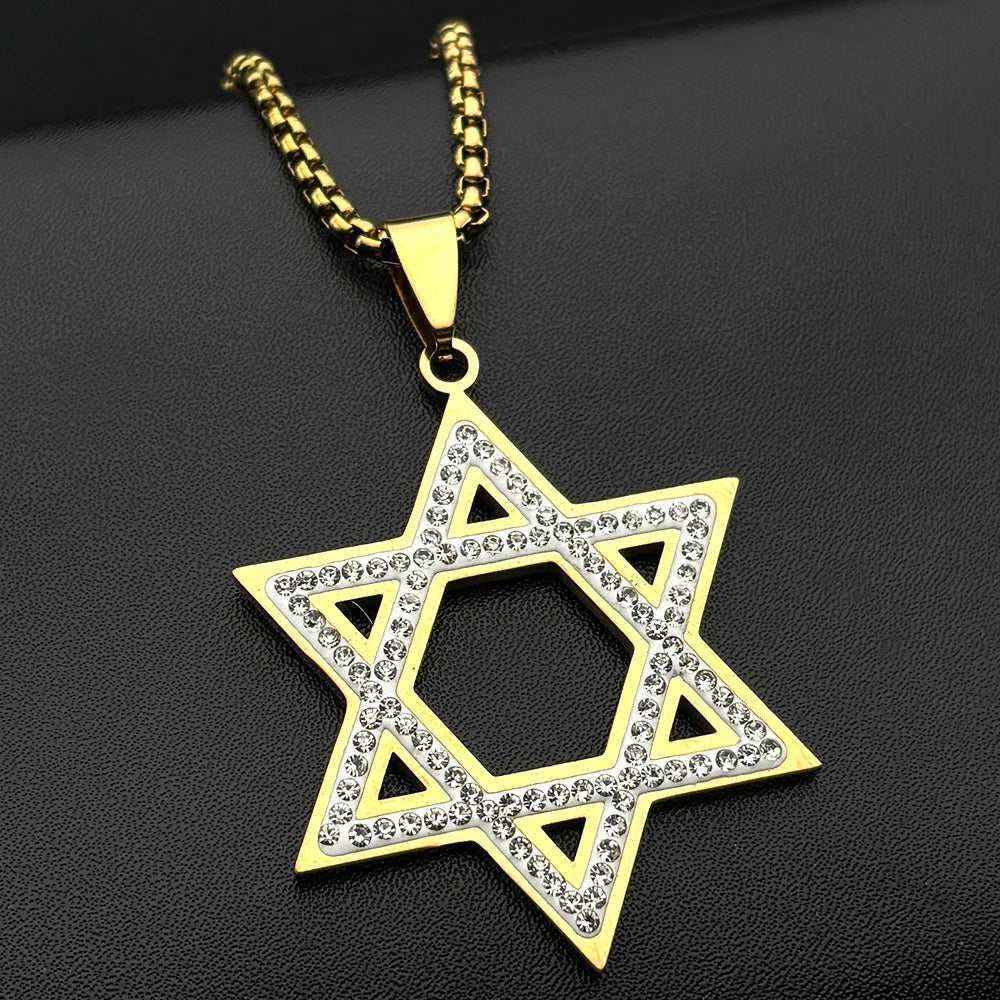 Israel Hexagram Star of David Pendant Necklace – Stainless Steel with Rhinestones, Unisex