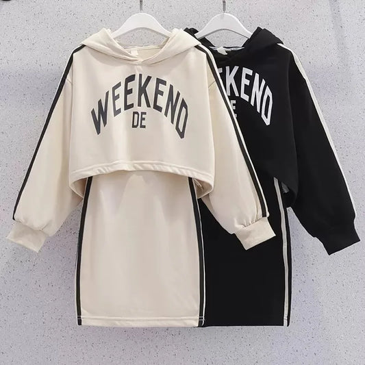 Kids Girls’ Outfit Set – Hooded Top & Pinafore Jumper Dress for Daily Wear