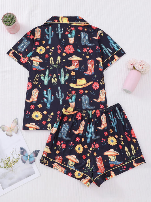 2-Piece Women’s Sleepwear Set – Denim Print Top & Shorts