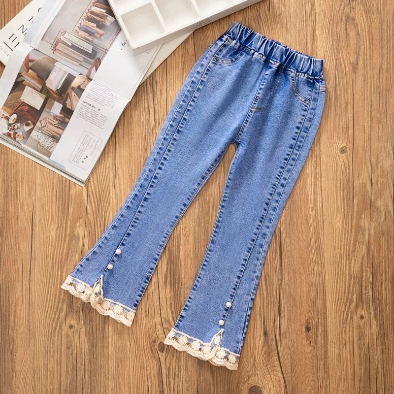 Girls' Lace Beaded Denim Bell-Bottoms