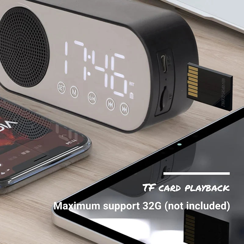Wireless Bluetooth Speaker & Digital LED Alarm Clock – Mini Mirror Design, Multifunctional for Bedroom & Study