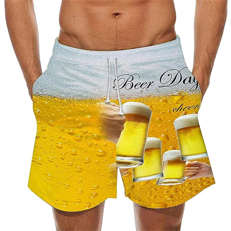 Men's 3D Beer Print Beach Shorts – Casual Swim Trunks for Vacation & Parties